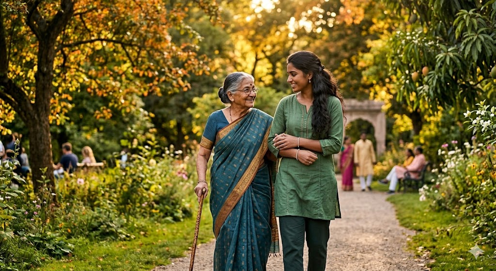 पार्क में एक व्यक्ति बुजुर्ग की मदद करते हुए, सकारात्मकता और मानसिक शांति का दृश्य