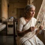 वृद्धाश्रम में खिड़की के पास बैठी एक बुजुर्ग भारतीय माँ, हाथ में बेटे की फोटो, आंखों में इंतज़ार और दर्द