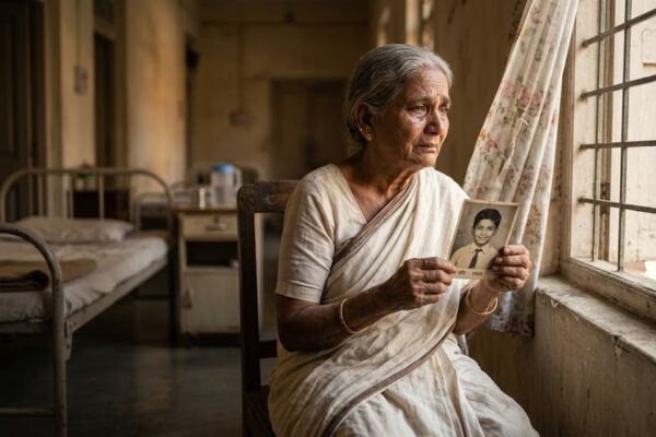 वृद्धाश्रम में खिड़की के पास बैठी एक बुजुर्ग भारतीय माँ, हाथ में बेटे की फोटो, आंखों में इंतज़ार और दर्द