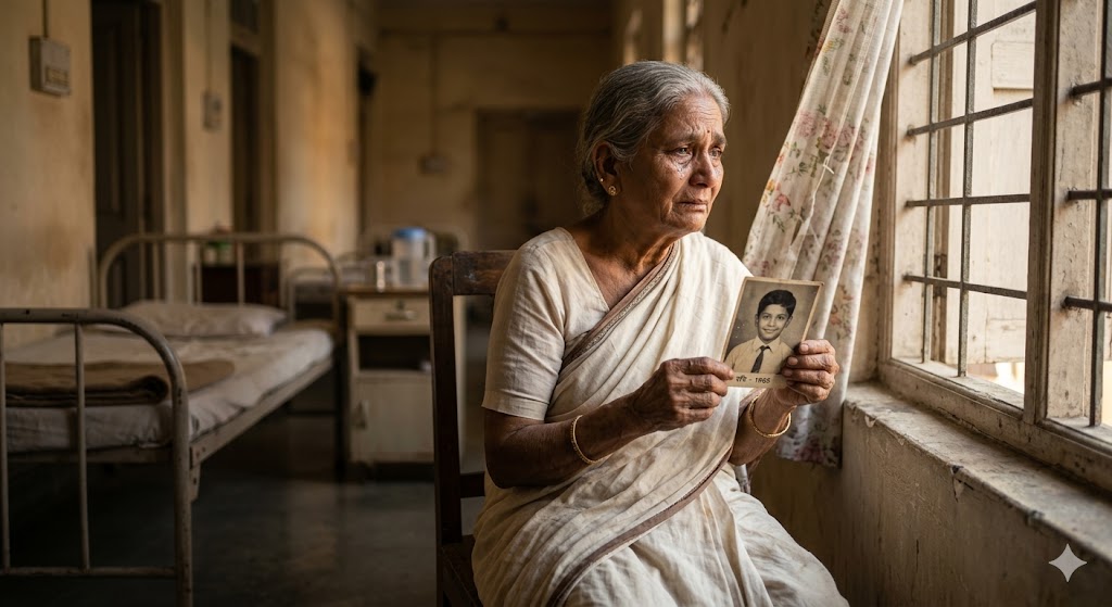 वृद्धाश्रम में खिड़की के पास बैठी एक बुजुर्ग भारतीय माँ, हाथ में बेटे की फोटो, आंखों में इंतज़ार और दर्द