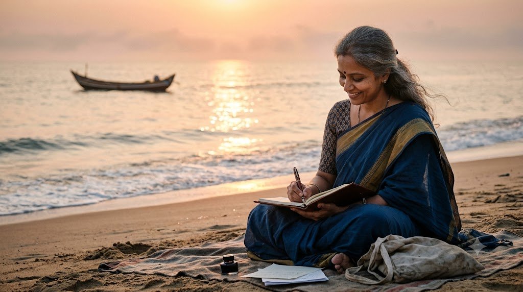 बरसों बाद कलम उठाकर कविता लिखती महिला कवयित्री