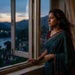 खिड़की के पास खड़ी स्त्री, किसी की प्रतीक्षा में खोई हुई, उदास और भावनात्मक दृश्य