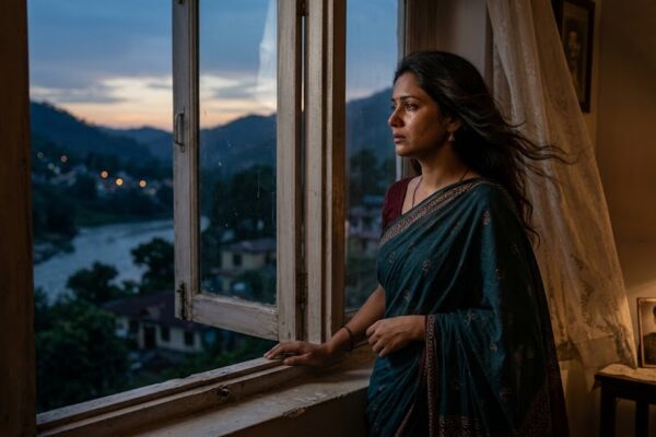 खिड़की के पास खड़ी स्त्री, किसी की प्रतीक्षा में खोई हुई, उदास और भावनात्मक दृश्य