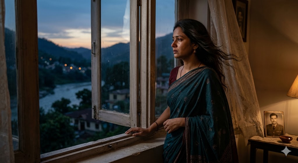 खिड़की के पास खड़ी स्त्री, किसी की प्रतीक्षा में खोई हुई, उदास और भावनात्मक दृश्य