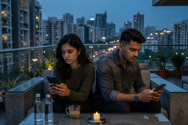 आधुनिक रिश्तों में दूरी और भावनात्मक अकेलेपन को दर्शाता उदास प्रेम दृश्य