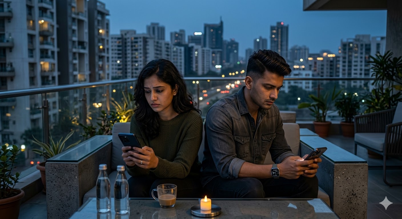 आधुनिक रिश्तों में दूरी और भावनात्मक अकेलेपन को दर्शाता उदास प्रेम दृश्य
