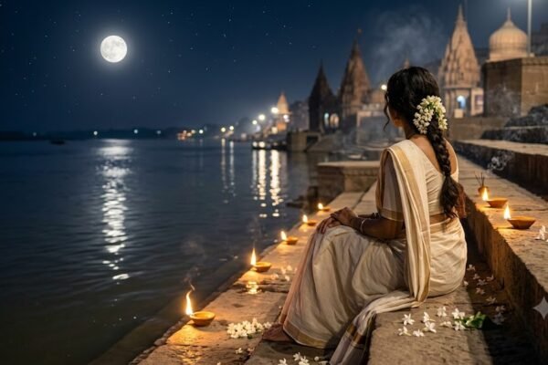 निशिगंधा के फूल, मिट्टी के जलते दीये और चाँदनी रात में नदी किनारे ध्यानमग्न स्त्री