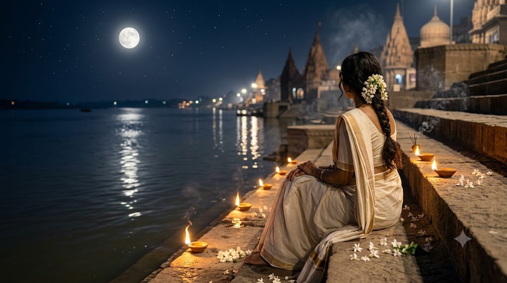निशिगंधा के फूल, मिट्टी के जलते दीये और चाँदनी रात में नदी किनारे ध्यानमग्न स्त्री