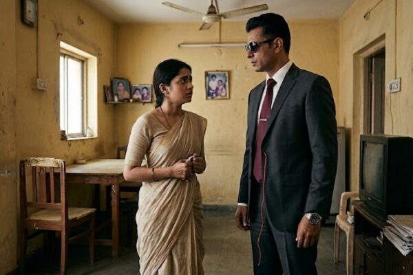 साधारण सूती साड़ी पहने महिला और ब्रांडेड कपड़ों में खड़ा पुरुष, सादगी और दिखावे के बीच भावनात्मक अंतर दर्शाता दृश्य