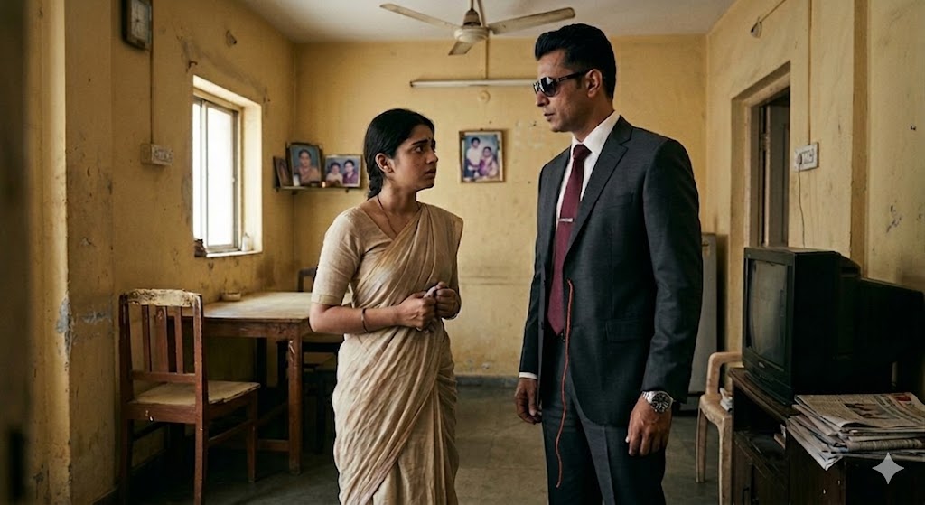 साधारण सूती साड़ी पहने महिला और ब्रांडेड कपड़ों में खड़ा पुरुष, सादगी और दिखावे के बीच भावनात्मक अंतर दर्शाता दृश्य