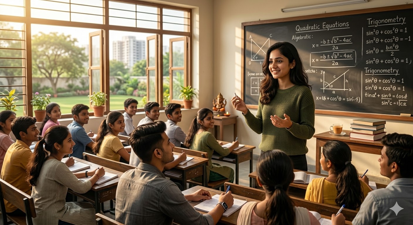 कक्षा में छात्रों को पढ़ाते हुए शिक्षक, ज्ञान और प्रेरणा का वातावरण