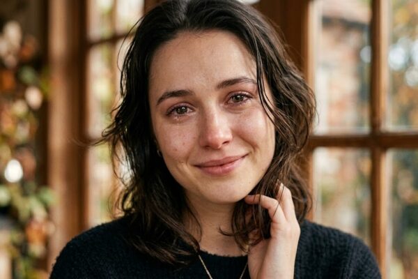 आँखों में दर्द और मुस्कान लिए खड़ी लड़की, प्रेम और बिछड़ाव का पल