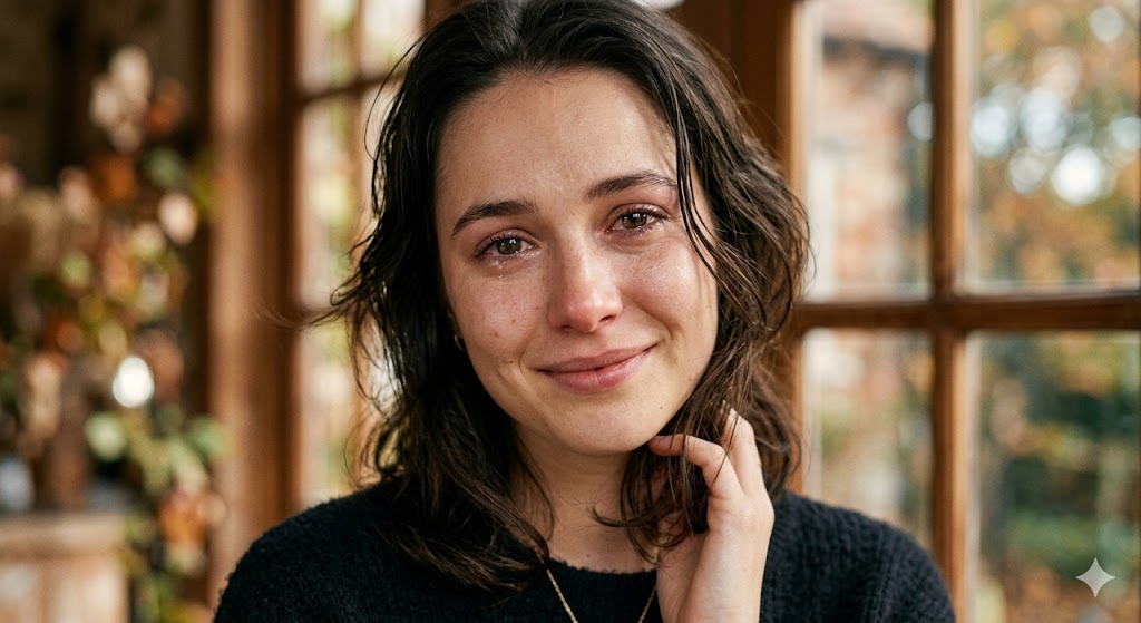 आँखों में दर्द और मुस्कान लिए खड़ी लड़की, प्रेम और बिछड़ाव का पल