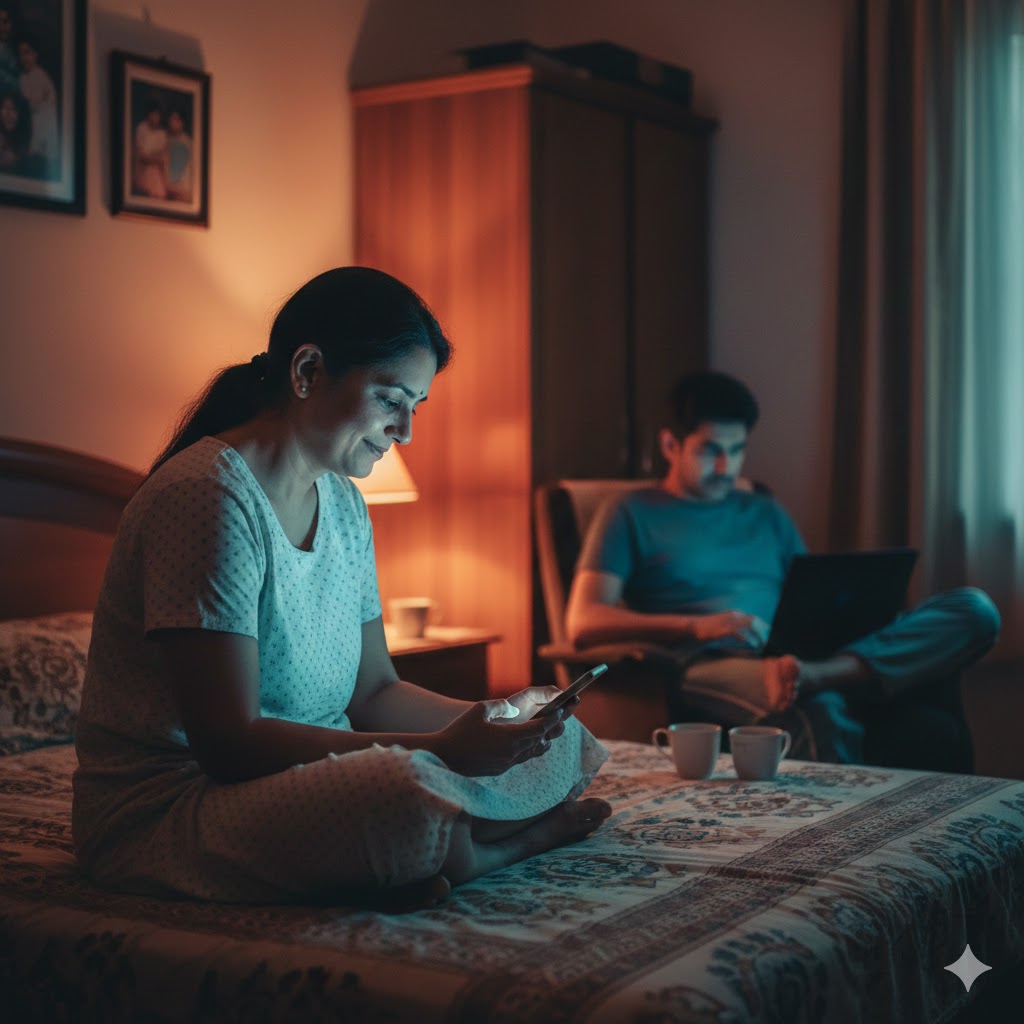 A middle-aged Indian woman in her early 40s sits cross-legged on a bed in a dimly lit bedroom, softly illuminated by the glow of her mobile phone. She is looking down at the screen, smiling faintly with an expression that conveys a mix of secrecy, guilt, and quiet pleasure. Her husband is visible in the background, seated in a chair, engrossed in his laptop, completely unaware of her. The room has a warm, intimate atmosphere typical of an Indian middle-class home, with shadows highlighting the emotional distance between the couple.