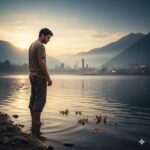 A lone figure standing at the edge of a quiet riverbank during early dawn, soft golden-blue light reflecting on the water. The person looks contemplative, gazing at gentle ripples as if questioning life’s truths. Surrounding nature appears symbolic—distant mountains, drifting