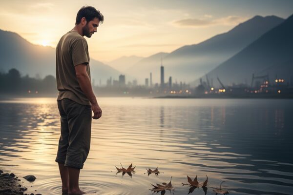 A lone figure standing at the edge of a quiet riverbank during early dawn, soft golden-blue light reflecting on the water. The person looks contemplative, gazing at gentle ripples as if questioning life’s truths. Surrounding nature appears symbolic—distant mountains, drifting