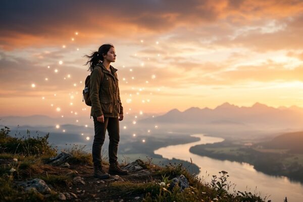 हाड़ी पर खड़ा एक युवा सूर्योदय की ओर देखते हुए, सपनों और उम्मीदों का प्रतीक