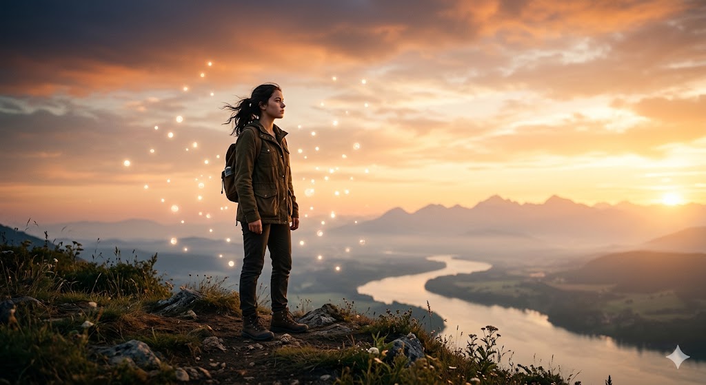 हाड़ी पर खड़ा एक युवा सूर्योदय की ओर देखते हुए, सपनों और उम्मीदों का प्रतीक