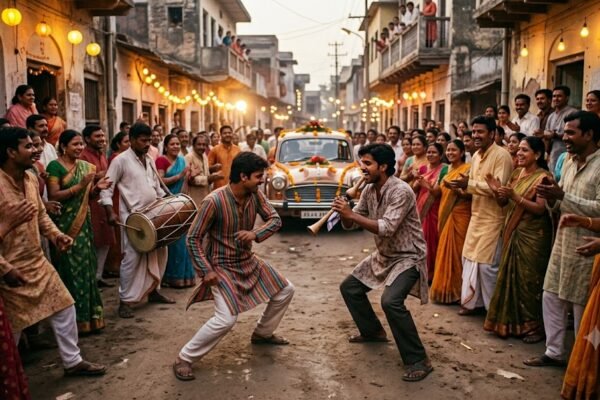 भारतीय शादी की बारात में सपेरे और नागिन के रूप में पारंपरिक नागिन डांस करते लोग