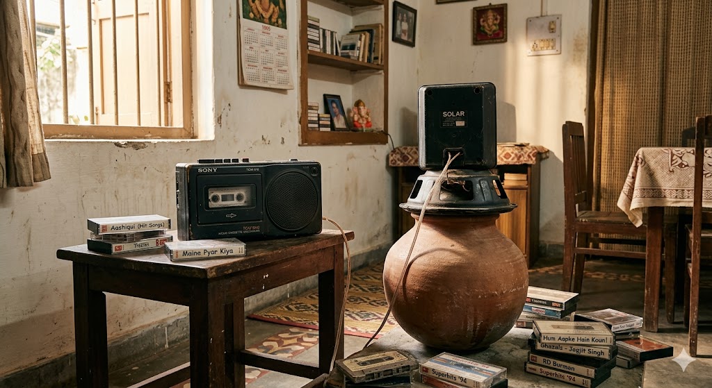 “1990 के दशक का भारतीय घर जिसमें टेपरिकार्डर, कैसेट और मटके पर रखा स्पीकर देसी जुगाड़ साउंड सिस्टम के रूप में इस्तेमाल हो रहा है”