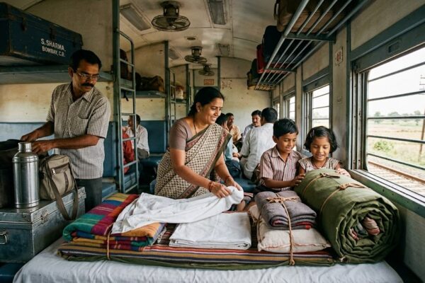 भारतीय रेल यात्रा के दौरान परिवार के साथ रखा पारंपरिक बिस्तरबंद