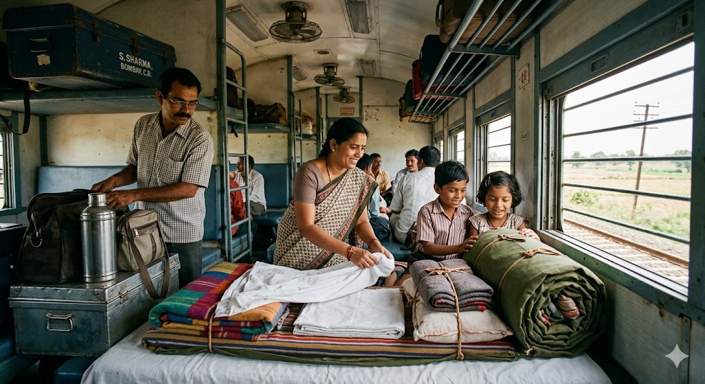 भारतीय रेल यात्रा के दौरान परिवार के साथ रखा पारंपरिक बिस्तरबंद