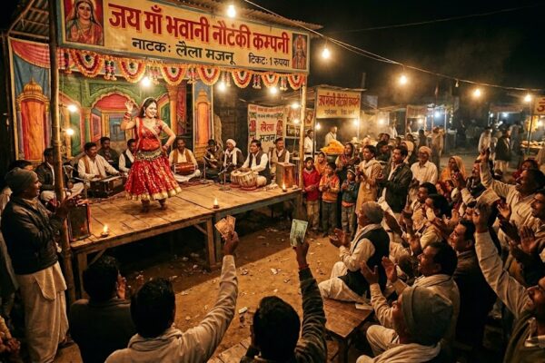 छोटे कस्बे में रात के मेले में लगी नाटक कंपनी का मंच, रोशनी, भीड़ और डांस परफॉर्मेंस का जीवंत दृश्य