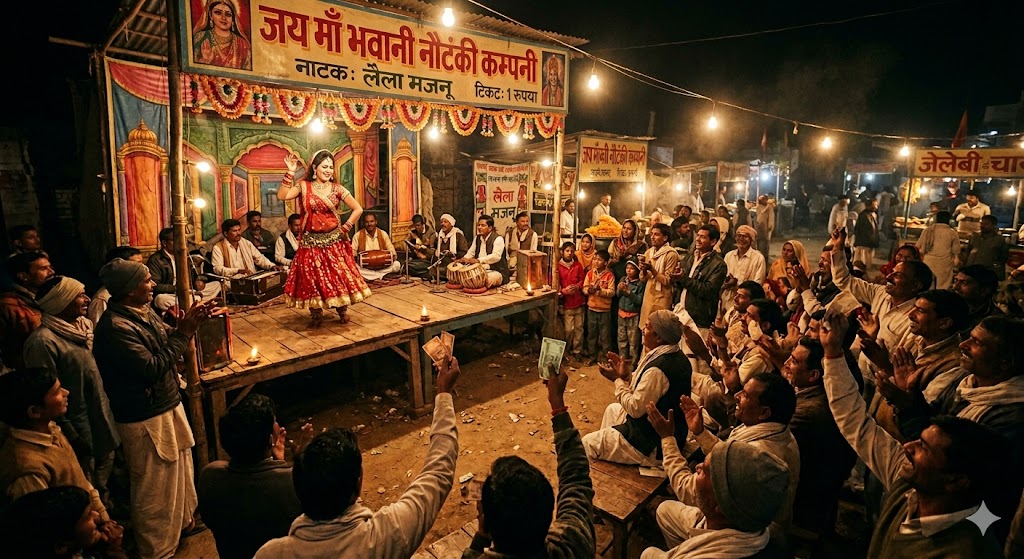 छोटे कस्बे में रात के मेले में लगी नाटक कंपनी का मंच, रोशनी, भीड़ और डांस परफॉर्मेंस का जीवंत दृश्य