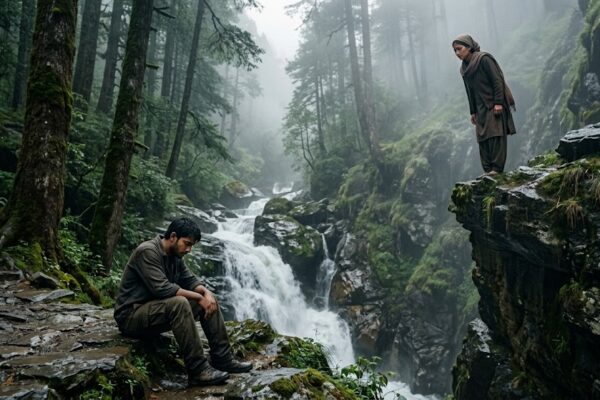 जंगल में झरने के पास बैठे एक युवक और चट्टान पर खड़ी पहाड़ी महिला, दोनों के चेहरों पर गहरा दर्द और भावनात्मक जुड़ाव