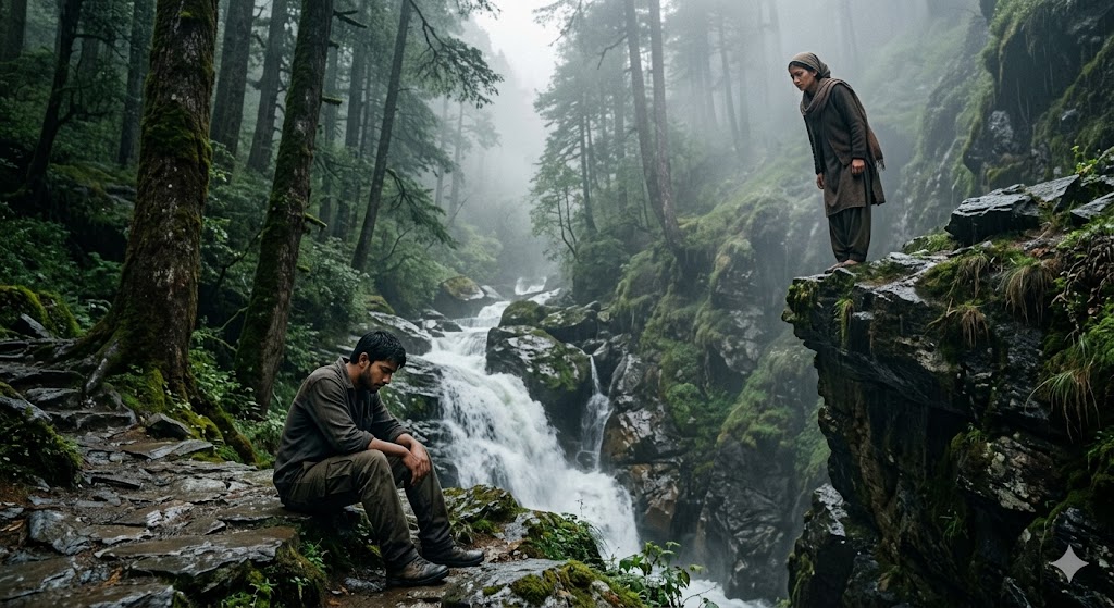 जंगल में झरने के पास बैठे एक युवक और चट्टान पर खड़ी पहाड़ी महिला, दोनों के चेहरों पर गहरा दर्द और भावनात्मक जुड़ाव
