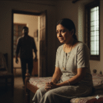 खिड़की के पास अकेली बैठी एक भारतीय महिला, चेहरे पर गहरी उदासी और आंखों में छलकता दर्द. कमरे में हल्की रोशनी और पृष्ठभूमि में धुंधली होती एक पुरुष आकृति, जो दूरी और रिश्ते के टूटने का प्रतीक है. दृश्य भावनात्मक पीड़ा, विश्वासघात और मानसिक अकेलेपन को यथार्थ रूप में दर्शाता है.