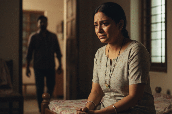 खिड़की के पास अकेली बैठी एक भारतीय महिला, चेहरे पर गहरी उदासी और आंखों में छलकता दर्द. कमरे में हल्की रोशनी और पृष्ठभूमि में धुंधली होती एक पुरुष आकृति, जो दूरी और रिश्ते के टूटने का प्रतीक है. दृश्य भावनात्मक पीड़ा, विश्वासघात और मानसिक अकेलेपन को यथार्थ रूप में दर्शाता है.