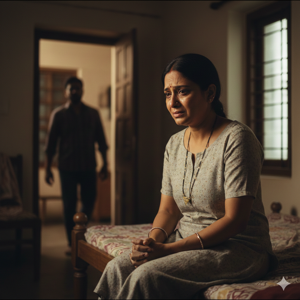 खिड़की के पास अकेली बैठी एक भारतीय महिला, चेहरे पर गहरी उदासी और आंखों में छलकता दर्द. कमरे में हल्की रोशनी और पृष्ठभूमि में धुंधली होती एक पुरुष आकृति, जो दूरी और रिश्ते के टूटने का प्रतीक है. दृश्य भावनात्मक पीड़ा, विश्वासघात और मानसिक अकेलेपन को यथार्थ रूप में दर्शाता है.
