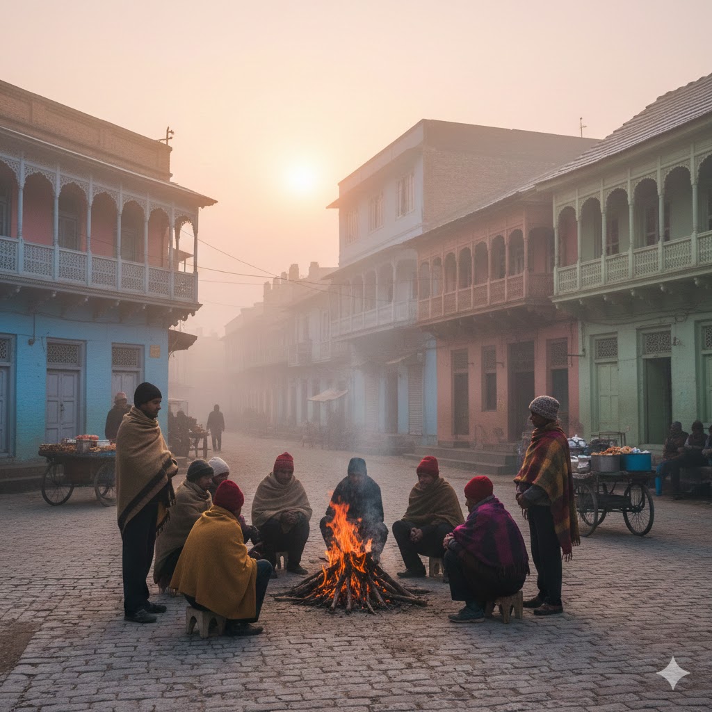 सर्द सुबह में धुंध से घिरा शहर, हल्की धूप, लोग ऊनी कपड़ों में अलाव के पास बैठे हुए