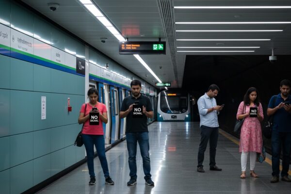 Passengers inside Mumbai Metro Aqua Line 3 underground station checking mobile phones showing no network connectivity.
