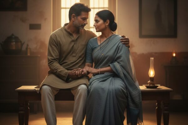 एक जोड़ा चुपचाप शाम के समय एक शांत कमरे में बैठा है, पुरुष अपनी प्रेमिका के पास हाथ रखकर, दोनों के चेहरे पर कोमल भाव, हृदय की धड़कन और नज़दीकी की अनुभूति साफ़ झलक रही है।