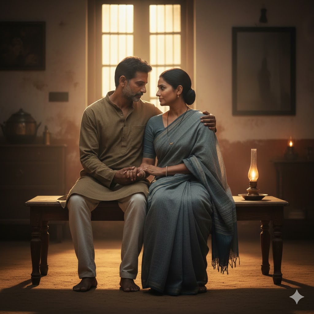 एक जोड़ा चुपचाप शाम के समय एक शांत कमरे में बैठा है, पुरुष अपनी प्रेमिका के पास हाथ रखकर, दोनों के चेहरे पर कोमल भाव, हृदय की धड़कन और नज़दीकी की अनुभूति साफ़ झलक रही है।