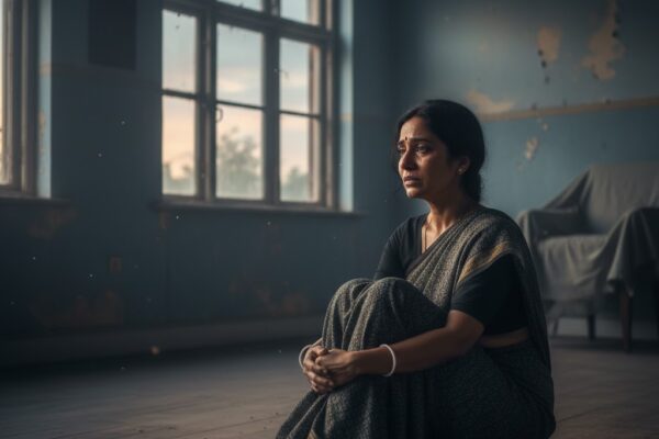 खामोश कमरे में अकेली स्त्री खिड़की के पास बैठी बाहर देखती हुई, चेहरे पर प्रतीक्षा और टूटे प्रेम का भाव, शाम की धुंधली रोशनी और उदास वातावरण।