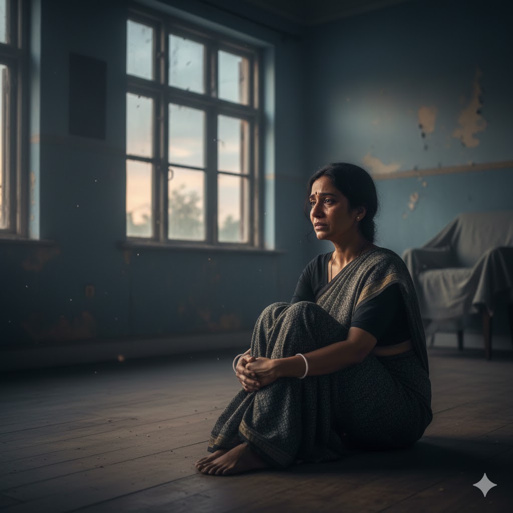 खामोश कमरे में अकेली स्त्री खिड़की के पास बैठी बाहर देखती हुई, चेहरे पर प्रतीक्षा और टूटे प्रेम का भाव, शाम की धुंधली रोशनी और उदास वातावरण।