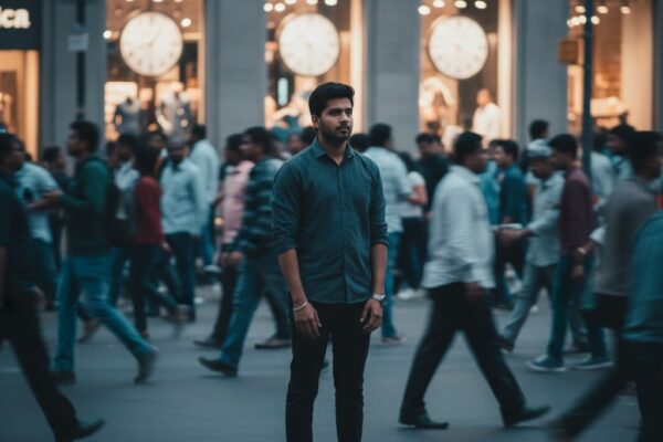भागती जिंदगी और खालीपन को दर्शाता प्रतीकात्मक दृश्य, जिसमें समय की कमी, धन की दौड़ और सुकून से दूर होता आधुनिक मनुष्य दिखाई देता है
