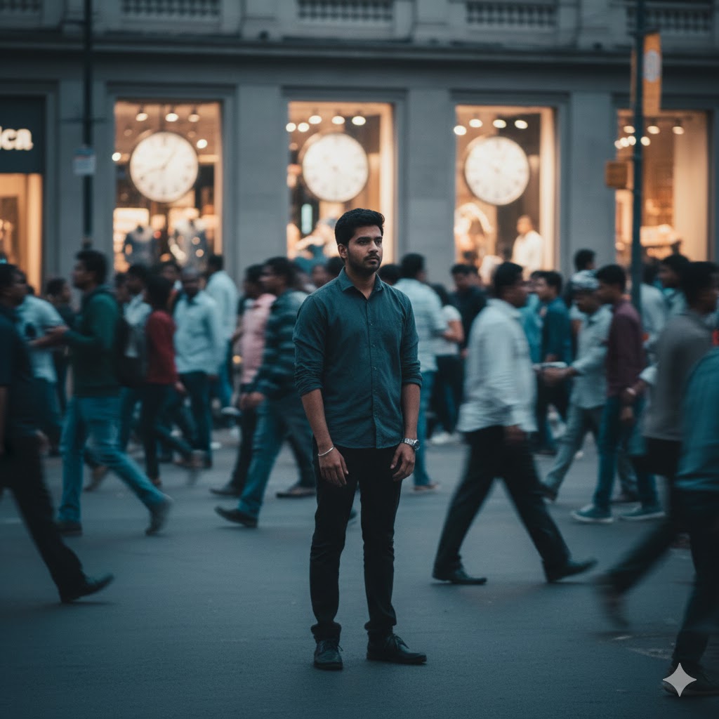 भागती जिंदगी और खालीपन को दर्शाता प्रतीकात्मक दृश्य, जिसमें समय की कमी, धन की दौड़ और सुकून से दूर होता आधुनिक मनुष्य दिखाई देता है