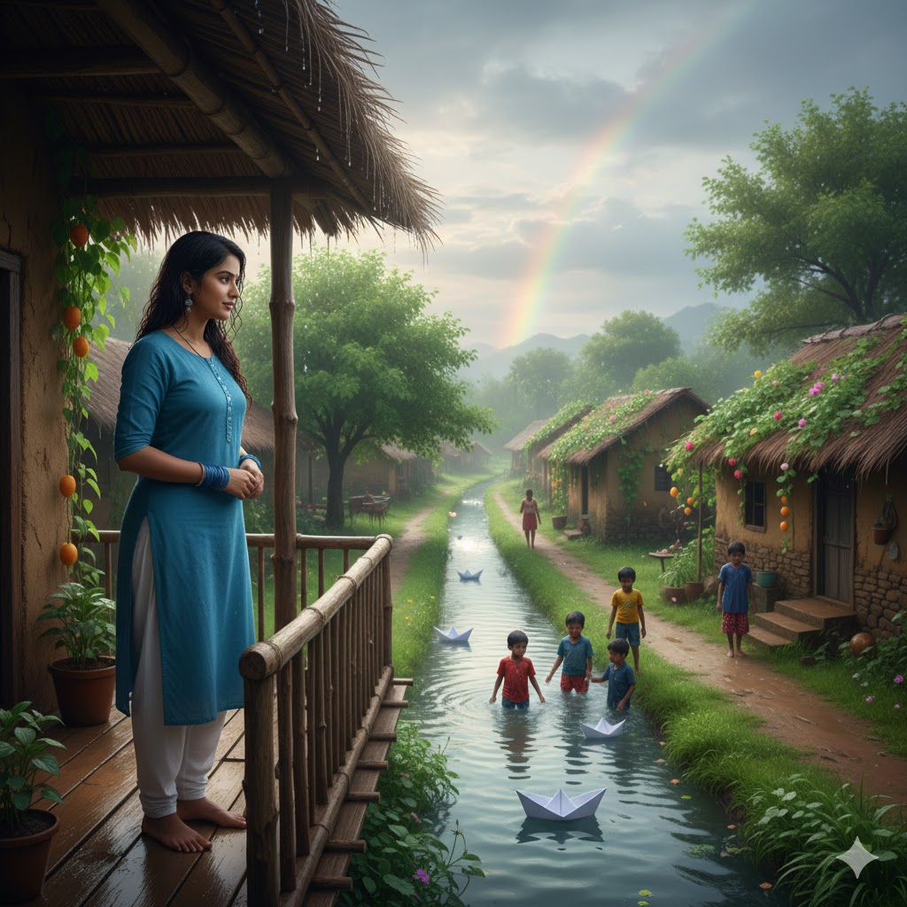 अनु बारिश में बालकनी से खेलती बच्चों और इंद्रधनुष को देखती