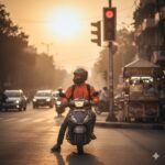 भारतीय शहर की सड़क पर एक डिलीवरी राइडर हेलमेट पहने मोटरसाइकिल रोककर खड़ा है, चेहरे पर थकान और राहत का भाव, पीछे ट्रैफिक और सिग्नल दिखाई दे रहे हैं, यह दृश्य सुरक्षित डिलीवरी और जिम्मेदार क्विक कॉमर्स का प्रतीक है।