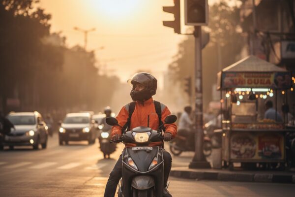 भारतीय शहर की सड़क पर एक डिलीवरी राइडर हेलमेट पहने मोटरसाइकिल रोककर खड़ा है, चेहरे पर थकान और राहत का भाव, पीछे ट्रैफिक और सिग्नल दिखाई दे रहे हैं, यह दृश्य सुरक्षित डिलीवरी और जिम्मेदार क्विक कॉमर्स का प्रतीक है।