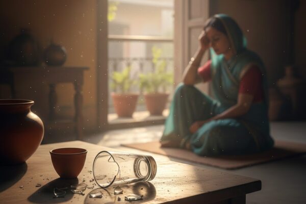 एक टूटा हुआ काँच का गिलास और खिड़की के पास उदास मुद्रा में बैठा व्यक्ति, जीवन और रिश्तों के टूटने का प्रतीक