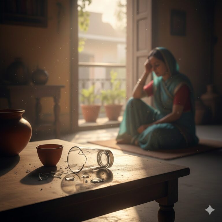 एक टूटा हुआ काँच का गिलास और खिड़की के पास उदास मुद्रा में बैठा व्यक्ति, जीवन और रिश्तों के टूटने का प्रतीक