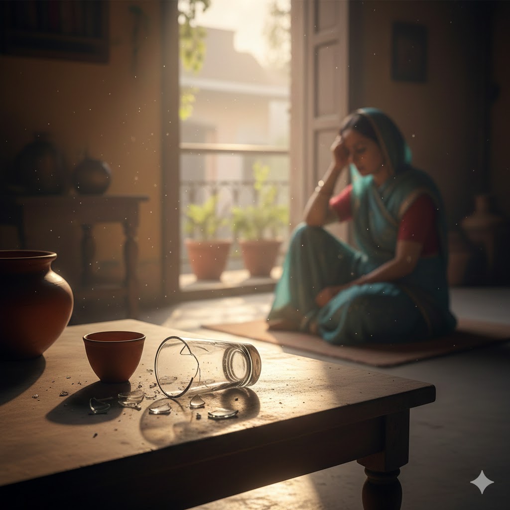 एक टूटा हुआ काँच का गिलास और खिड़की के पास उदास मुद्रा में बैठा व्यक्ति, जीवन और रिश्तों के टूटने का प्रतीक