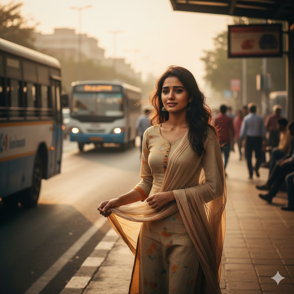 बस स्टॉप पर खड़ी एक युवती, आँखों में इंतज़ार और होठों पर हल्की मुस्कान, प्रेम और विरह की भावुक हिंदी कविता का दृश्य।