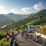 Elite international cyclists competing in Bajaj Pune Grand Tour 2026 on scenic Western Ghats route near Pune during UCI 2.2 road cycling race.