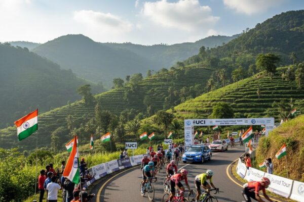 Elite international cyclists competing in Bajaj Pune Grand Tour 2026 on scenic Western Ghats route near Pune during UCI 2.2 road cycling race.